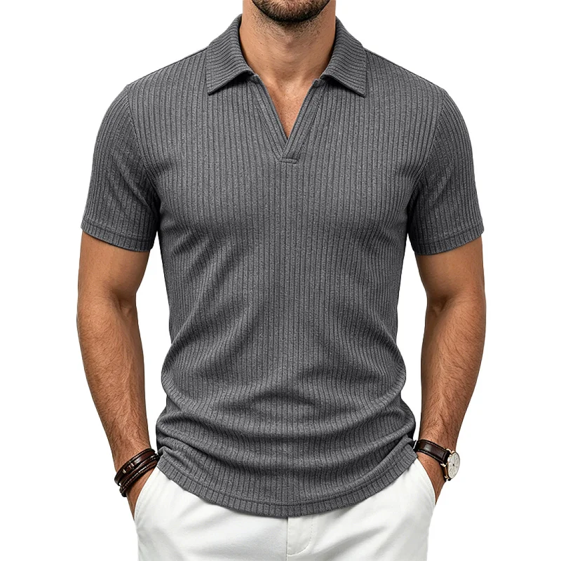 Men's V-Neck Polo Shirt - Stretch Breathable Quick Dry Ribbed Knit wholesale view 2