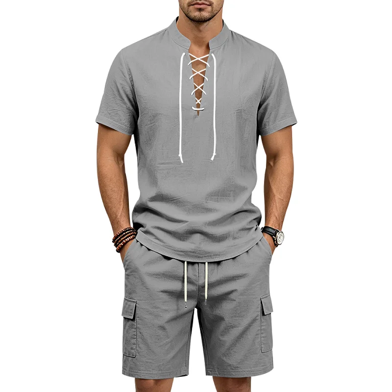Men's Linen Blend Casual Shorts Set, Breathable Loose Fit wholesale view 6