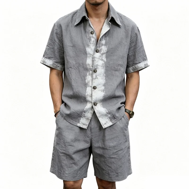 Men's Linen Graffiti Print Shirt & Shorts Set - Loose Fit, Summer wholesale view 5