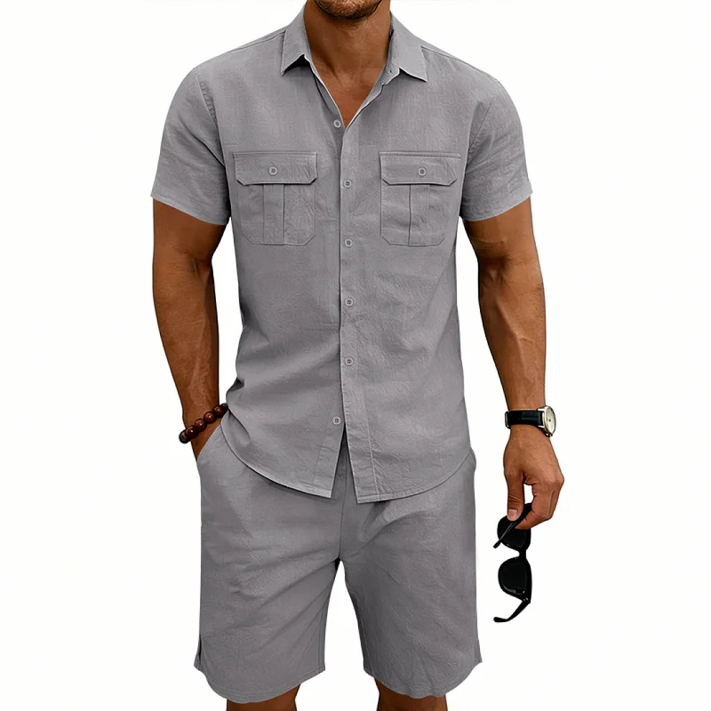 Men's Linen Blend Loose Fit Short Sleeve Shirt & Shorts Set wholesale view 6