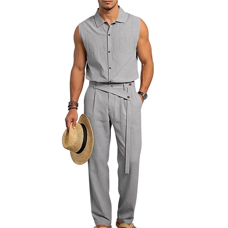 Men's Linen Blend Sleeveless Shirt & Pants Set - Summer Casual wholesale view 5