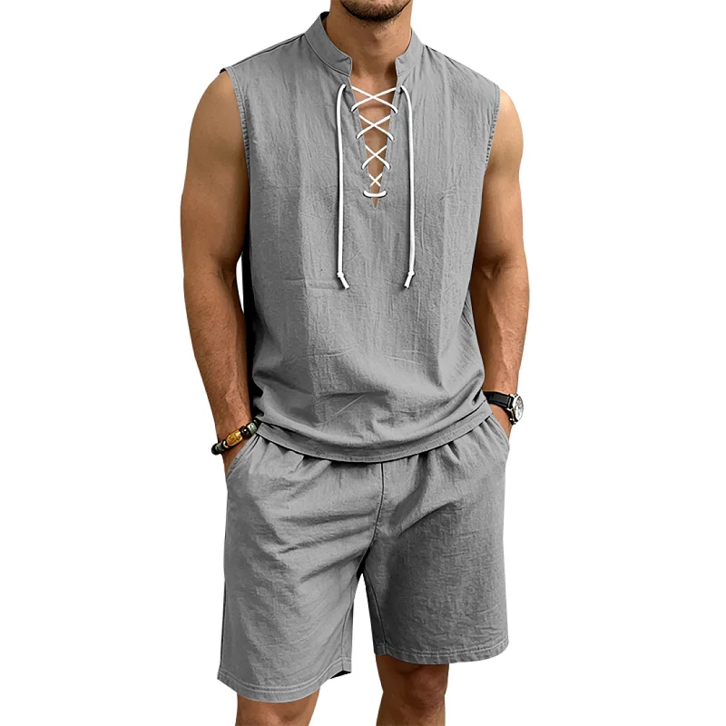 Men's Linen Blend Drawstring Sleeveless Retro Resort Set wholesale view 6