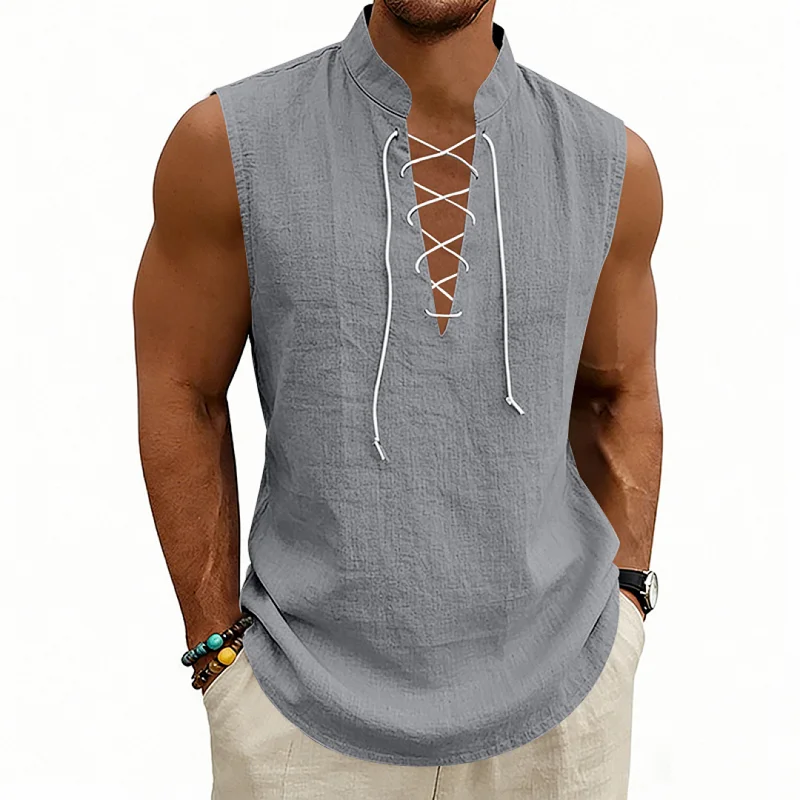 Men's Linen Viking Drawstring Vest - Breathable Sleeveless Top wholesale view 6