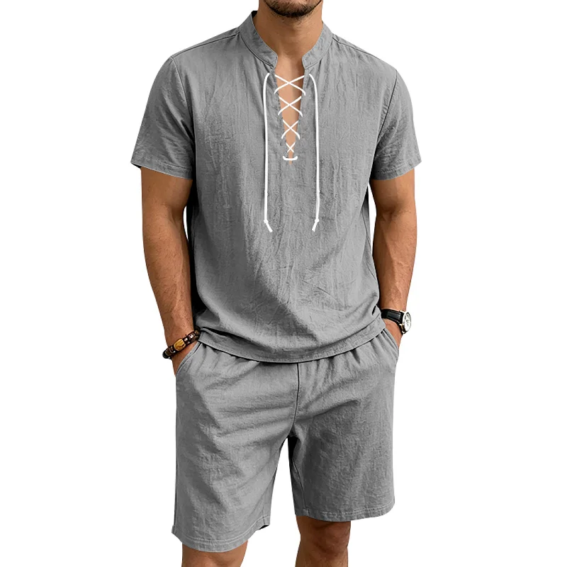 Men's Linen Blend Casual Set - Loose Fit Drawstring Collar Summer Outfit wholesale view 6