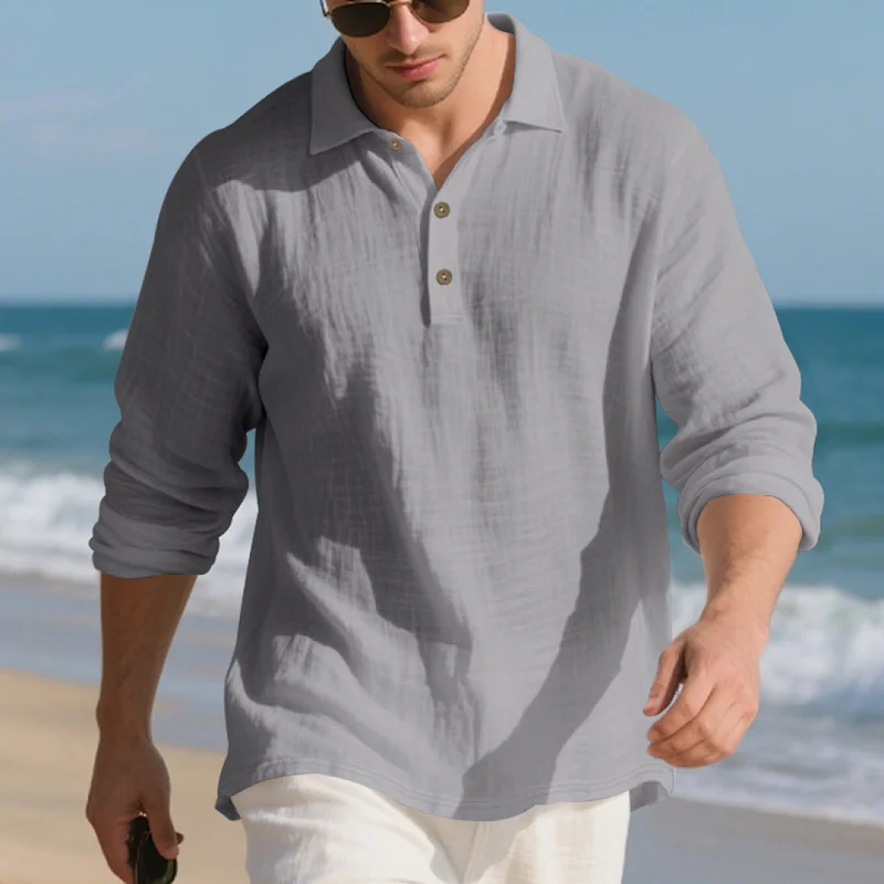 Men's Linen Blend Long Sleeve Polo Shirt - Casual Business Style wholesale view 6